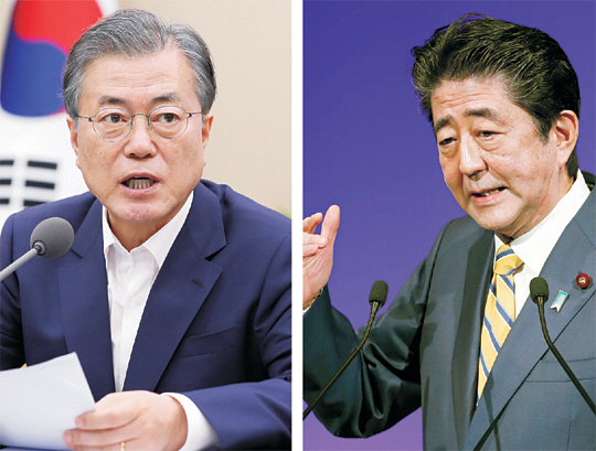 문재인 대통령이 지난 7월 15일 청와대 수석·보좌관 회의에서 일본의 경제보복에 대해 “일본에 더 큰 피해가 갈 것”이라고 경고하고 있다.(왼쪽 사진) 아베 신조 일본 총리가 지난 2월 10일 일본 도쿄에서 열린 자민당 전당대회 연설을 통해 평화헌법 개정 필요성 등을 주장하고 있다. 뉴시스·AP연합뉴스