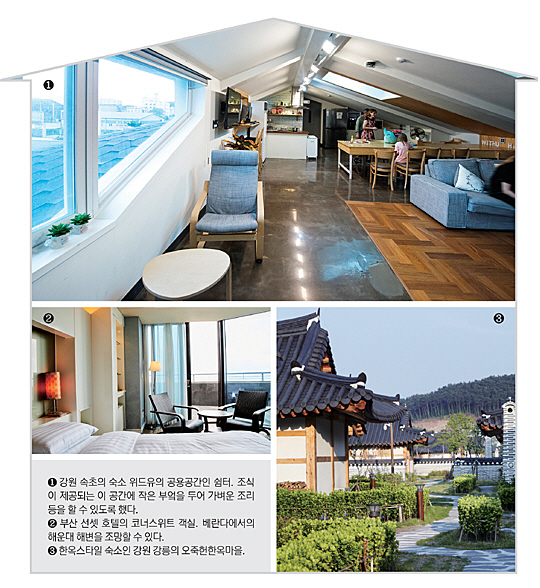 1 강원 속초의 숙소 위드유의 공용공간인 쉼터. 조식이 제공되는 이 공간에 작은 부엌을 두어 가벼운 조리 등을 할 수 있도록 했다. 2 부산 선셋 호텔의 코너스위트 객실. 베란다에서의 해운대 해변을 조망할 수 있다.  3 한옥스타일 숙소인 강원 강릉의 오죽헌한옥마을.