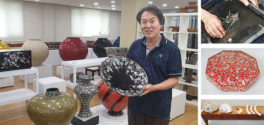 손대현 장인이 경기 광주시 곤지암읍의 ‘수곡공방’ 전시실에서 나전칠기 작품의 제작과정에 대해 설명하고 있다. 오른쪽 작은 사진은 위로부터 나전칠기 광택작업, 제품인 나비 당초문 구절판, 나전에 사용되는 소라껍데기.