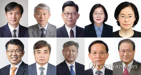 (서울=연합뉴스) 문재인 대통령은 9일 조국(54) 전 청와대 민정수석을 법무부 장관에 내정하는 등 10곳의 장관급 인사를 교체하는 개각을 단행했다. 윗줄 왼쪽부터 법무부 장관 후보자 조국 전 청와대 민정수석, 과학기술정보통신부 장관 후보자 최기영 서울대 전기·정보공학부 교수, 농림축산식품부 장관 후보자 김현수 전 차관, 여성가족부 장관 후보자 이정옥 대구가톨릭대 사회학과 교수, 공정거래위원장 후보자 조성욱 서울대 경영대학 교수. 아랫줄 왼쪽부터 금융위원장 후보자 은성수 한국수출입은행장, 방송통신위원장 후보자 한상혁 법무법인 정세 대표변호사, 국가보훈처장 후보자 박삼득 전쟁기념사업회 회장, 주미대사 내정자 이수혁 더불어민주당 의원, 민주평화통일자문회의 수석부의장 내정자 정세현 한반도평화포럼 이사장. 2019.8.9 [청와대 제공. 재판매 및 DB 금지]