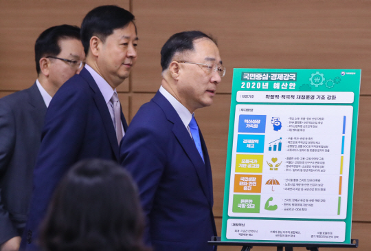 홍남기(오른쪽부터) 부총리 겸 기획재정부 장관, 구윤철 기재부 2차관, 이승철 재정관리관이 지난 27일 세종시 정부세종청사에서 2020년도 예산안을 설명하기 위해 브리핑장으로 들어서고 있다.  연합뉴스