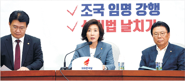 나경원(가운데) 자유한국당 원내대표가 3일 오전 국회에서 열린 원내대책회의에서 모두발언을 하고 있다. 나 원내대표는 전날 국회에서 열린 조국 법무부 장관 후보자 기자간담회에 대해 “국회 능멸”이라고 비판하고, 조 후보자 인사청문회 개최를 거듭 요구했다. 왼쪽부터 정용기 정책위의장, 나 원내대표, 박맹우 사무총장.