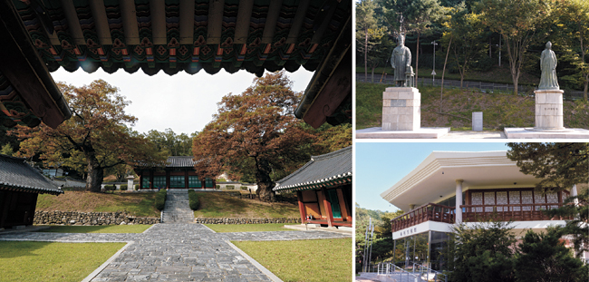 경기 파주에 자리한 사적 제525호 이이 유적. 왼쪽부터 시계 방향으로 율곡 이이의 위패를 모신 자운서원 정경, 이이와 신사임당의 동상, 율곡기념관.