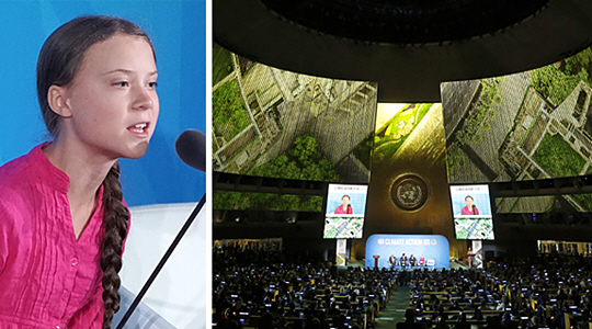 스웨덴의 10대 환경운동가 그레타 툰베리가 23일 미국 뉴욕 유엔본부에서 열린 기후행동정상회의에서 연설하고 있다. 오른쪽은 세계 지도자들이 툰베리의 연설을 경청하는 모습. UPI AP 연합뉴스