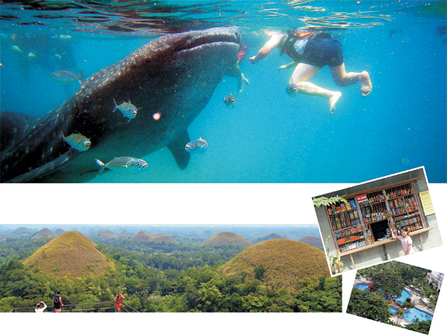 필리핀 세부의 오슬롭 투어는 고래상어와 함께 유영하는, 흔치 않은 경험을 할 수 있는 투어다. 물속에서 거대한 고래상어와 정면으로 맞닥뜨릴 때의 기분은 경험하지 않으면 잘 모른다. 아래 사진은 보홀의 초콜릿 힐. 오른쪽 사진 위는 세부 뒷골목의 구멍가게. 아래는 세부의 제이파크 아일랜드 리조트 워터파크.