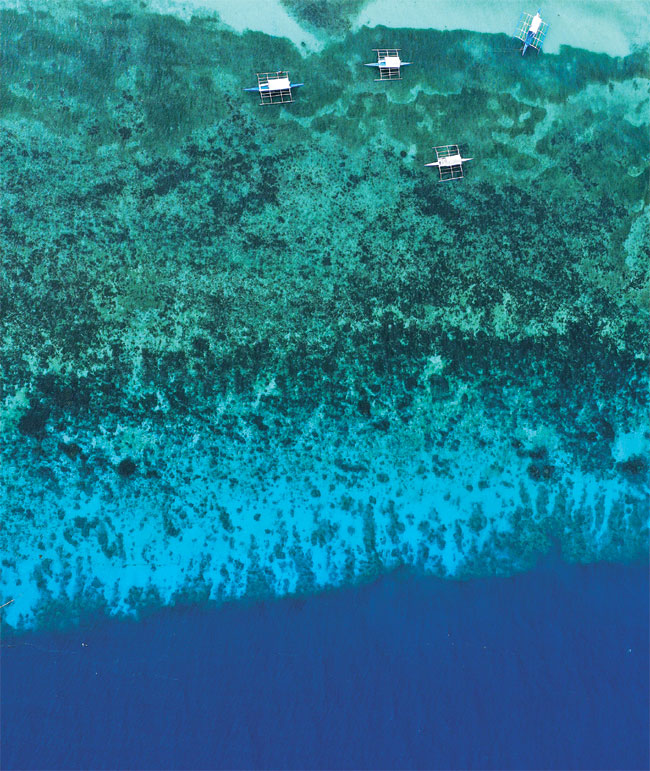 필리핀 세부를 찾는 여행자들이 함께 다녀오곤 하는 보홀 팡라오섬 남쪽 ‘알로나 비치’의 보석 같은 물 색. 수심에 따라 색감과 채도가 다른데, 깊은 바다 쪽은 마치 파란색 잉크를 풀어놓은 것 같다.