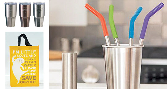 친환경 생활용품들이 편리성 등 실효성까지 갖추면서 소비자들로부터 커다란 인기를 끌고 있다. 작은 사진 왼쪽부터 시계 반대 방향으로 코멕스산업의 ‘빅샷 텀블러’, 이마트의 ‘대여용 부직포 장바구니’, 클린켄틴의 ‘스테인리스&실리콘 빨대’. 각사 제공