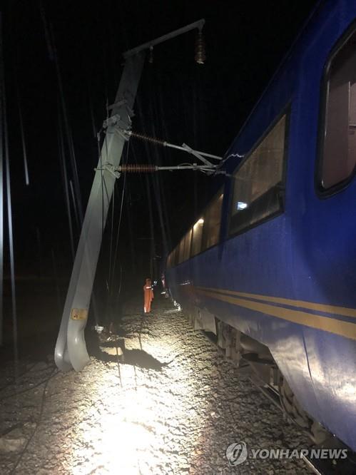 (봉화=연합뉴스) 3일 오전 경북 봉화군 봉성면 외삼리에서 청도를 떠나 정동진으로 향하던 열차가 산사태에 의한 탈선사고로 멈춰있다. 이 사고로 인명피해는 아직 없는 것으로 알려졌다. 2019.10.3 [경북도소방본부제공. 재판매 및 DB 금지]