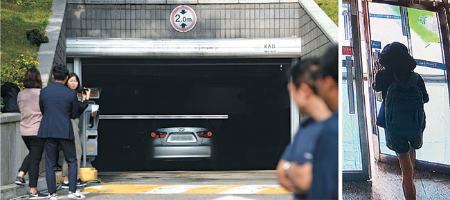 4일 서울 서초구 서울중앙지검 지하주차장 입구에서 취재진이 조국 법무부 장관 부인 정경심 동양대 교수의 재출석 여부를 확인하기 위해 출입 차량을 일일이 살펴보고 있다. 오른쪽 사진은 지난 9월 5일 연구실 컴퓨터를 반출한 정 교수가 동양대 CCTV에 포착된 모습.   곽성호 기자·조선일보 제공