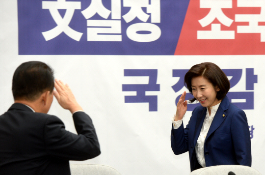 나경원(오른쪽) 자유한국당 원내대표가 8일 오전 국회에서 열린 국정감사대책회의 참석을 위해 회의장에 들어서다 김한표 의원과 거수경례로 인사를 나누고 있다.