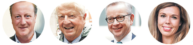 데이비드 캐머런 전 영국 총리, 스탠리 존슨…존슨 총리의 아버지·유럽의회 출신, 마이클 고브 랭커스터 공작령 대법관, 캐리 시먼즈…존슨의 여자친구 (왼쪽부터)