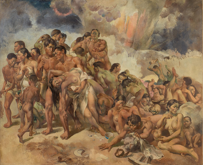 이쾌대, 군상 IV, 177×216, 캔버스에 유채, 1948년, 개인소장. 프랑스 대혁명 후 격변기를 화폭에 담은 들라크루아나 제리코처럼 격렬한 몸동작의 나체군상이 등장하는  대서사시 같은 이 그림을 통해 작가는 해방공간의 희망과 불안, 동요 등 당시의 사회상을 보여주고 있다.