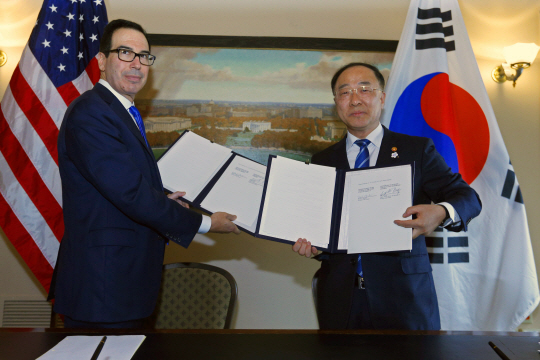 세계은행과 국제통화기금(IMF)의 연차총회 참석차 미국 워싱턴DC를 방문 중인 홍남기(오른쪽) 부총리 겸 기획재정부 장관이 17일(현지시간) 미국 재무부에서 스티븐 므누신 재무장관과 한·미 인프라 협력 업무협정서에 서명한 후 기념촬영을 하고 있다. 뉴시스