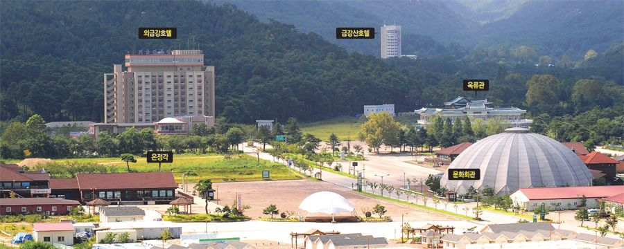지하 1층, 지상 12층 건물인 남북 이산가족면회소에서 내려다본 북한 금강산관광 지구. 온정각과 문화회관, 옥류관은 한국관광공사와 현대아산 소유이며, 외금강호텔과 금강산호텔은 북측 시설이다.   연합뉴스