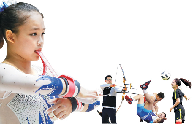 왼쪽부터 체조 국가대표 여서정, 양궁 김우진, 레슬링 선수들, 여자축구 이민아가 훈련하는 모습.