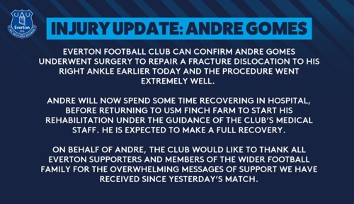 에버턴이 발표한 안드레 고메스 수술 경과[에버턴 트위터 캡처]