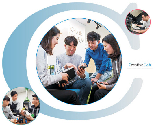 삼성전자·서울대 공동연구소에 자리한 C랩 라운지에서 C랩 과제원들이 모여 아이디어를 교류하고 있다. 왼쪽 아래 사진은 또 다른 C랩 과제원들이 3D프린터를 활용해 테스트 제품을 만드는 장면.   삼성전자 제공