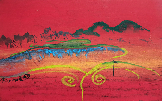 지나온 홀에 대한 미련이 몰려온다, 물에 비친 풍경 속에 그리움을 던져버리고 왔더니…. 2019년 작.   김영화 화백