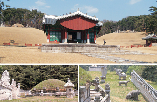 경기 구리시에 있는 조선 문종과 현덕왕후의 능을 현릉(顯陵)이라고 한다. 현릉은 같은 능역에 하나의 정자각을 두고 서로 다른 언덕에 능침을 조성한 동원이강릉(同原異岡陵)의 형태다. 정자각 앞에서 바라보았을 때 왼쪽 언덕(서쪽)이 문종, 오른쪽 언덕(동쪽)이 현덕왕후의 능이다(위). 무석인과 문석인, 장명등으로 조성된 문종의 능(아래 왼쪽)과 능침을 둘러싼 석호와 석마(오른쪽).