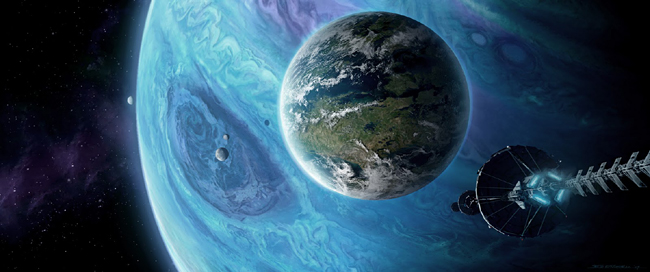 영화 아바타의 첫 장면. 배경의 거대한 행성은 따뜻한 목성형 행성 폴리페모스이고, 가운데 지구를 닮은 천체가 드라마의 무대인 판도라 위성이다. 자료사진