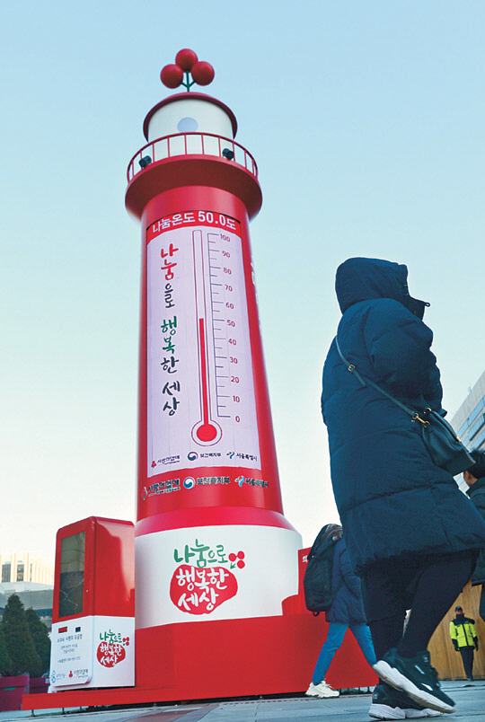 27일 오전 전국의 기온이 큰 폭으로 떨어진 가운데 서울 종로구 세종대로에 설치된 ‘사회복지공동모금회 사랑의 온도탑’ 수은주가 절반에 머물러 있다. 신창섭 기자