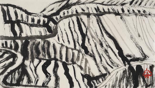 광대무변한 하늘 아래 펼쳐진 협곡, 그랜드캐니언의 인상. (김병종, 대협곡, 33×58㎝, 한지에 먹과 채색, 2019)