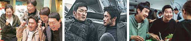 (왼쪽부터)영화 ‘극한직업’ ‘백두산’ ‘기생충’ 등은 티켓파워가 강한 배우들을 앞세워 2019년 큰 흥행을 거뒀다.