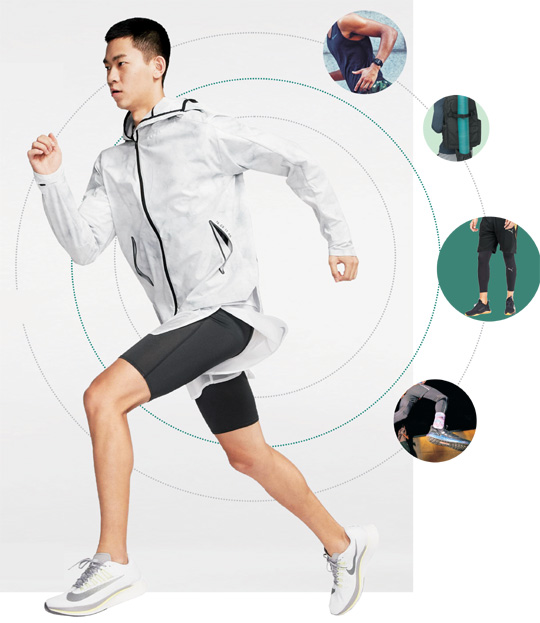 왼쪽 큰 사진부터 시계 방향으로 테크 팩 쉴드 재킷, 애플 워치, 크루저 백팩, 콜렉티브 그래픽 쇼트,  울트라 부스트 20.    나이키· 룰루레몬· 아디다스· 푸마 제공