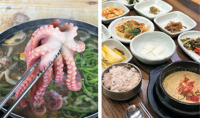 왼쪽부터 갯벌포장마차 ‘산낙지 해물칼국수’, 길목 ‘꺼먹지 정식’