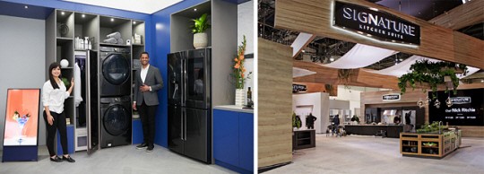 21일(현지시간)부터 23일까지 미국 라스베이거스에서 열리는 북미 최대 주방·욕실전시회 ‘KBIS 2020’에 참가한 삼성전자(왼쪽)와 LG전자 전시장 모습.  각 사 제공