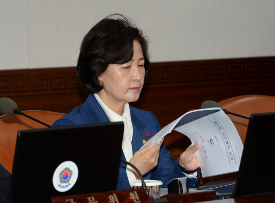 추미애 법무부 장관이 설 연휴 직전 살아있는 권력 수사팀에 대한 2차 학살 인사를 단행하고 처음 출근한 28일 오전 정부서울청사에서 열린 국무회의에 참석해 회의 자료를 보고 있다.
