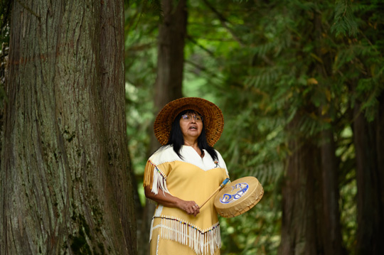 북아메리카 원주민들은 향모로 바구니와 약제를 만들지만 팔지 않는다. 그들의 삶은 하나라도 더 내 것을 만들기보다는 호혜성과 연결돼 있으며, 이는 자연과의 관계를 살린다. 사진은 환영의 노래를 부르는 북아메리카 원주민 출신 여성.  게티이미지뱅크