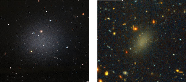 보통 은하와 달리 암흑물질이 거의 없는 은하 NGC 1052(왼쪽 사진)와 대부분이 암흑물질인 은하 드래건플라이(Dragonfly) 44.