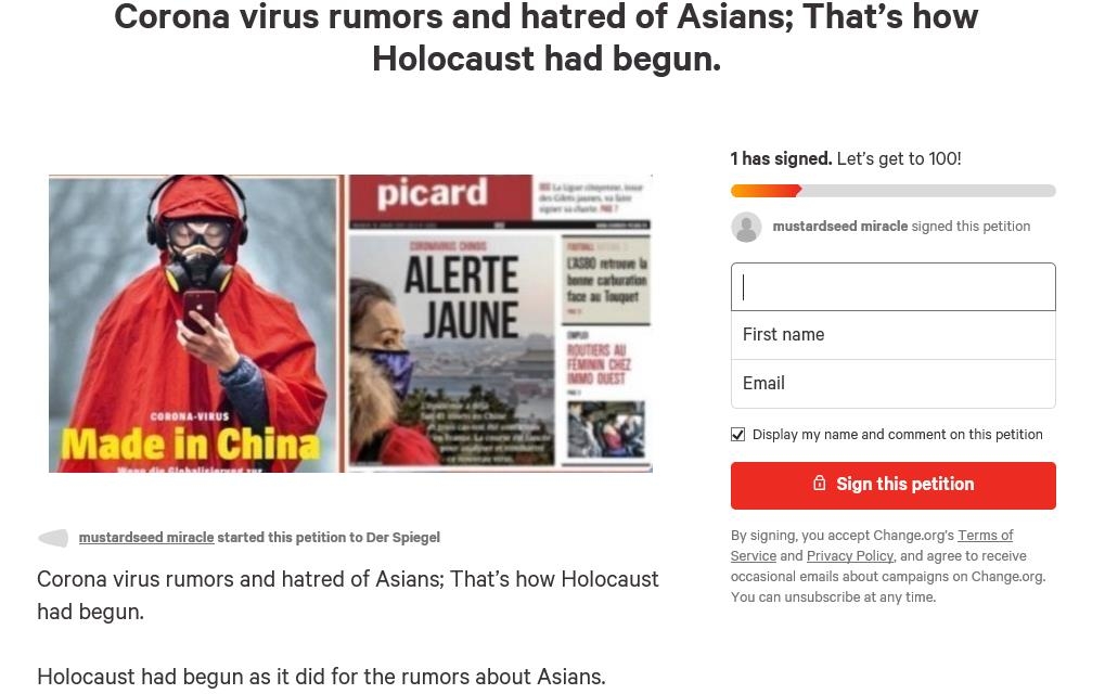 ‘체인지닷오아르지’에 올린 신종코르나 관련 반크의 청원[사이트 캡처]