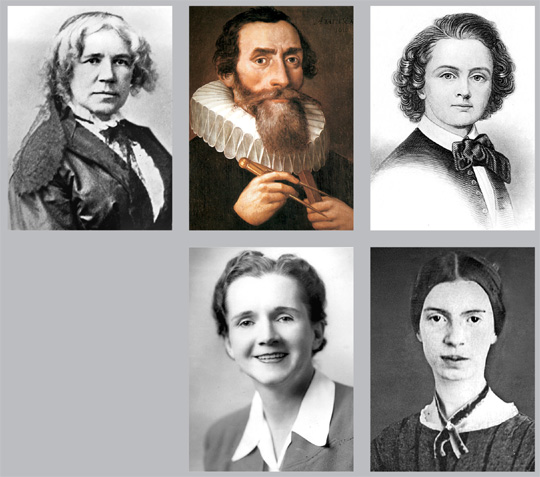 여성과 성 소수자들은 지성사(知性史)에서도 배제됐지만 그들의 빛나는 재능을 덮을 순 없었다. 사진은 마리아 미첼, 요하네스 케플러, 해리엇 호스머, 에밀리 디킨슨, 레이철 카슨(위 왼쪽부터 시계방향).  자료사진