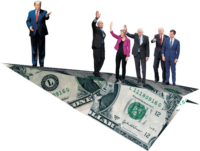 11월 3일 열릴 미국 대통령선거에 나선 여야 주요 후보들. 왼쪽부터 공화당 도널드 트럼프 대통령, 민주당 마이클 블룸버그 전 뉴욕시장, 엘리자베스 워런 상원의원, 버니 샌더스 상원의원, 조 바이든 전 부통령, 피트 부티지지 전 인디애나주 사우스벤드 시장.