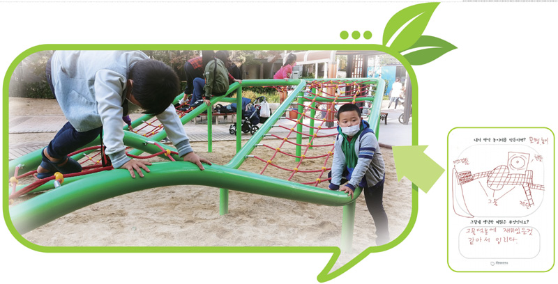 지난해 7월 서울 양천구 신정동 ‘하늘마루 어린이 놀이터’에 새로 마련된 녹색의 구름사다리 위에서 아이들이 그물을 타며 즐거운 시간을 보내고 있다. 이 놀이터의 모습은 앞서 6월 사단법인 자연의벗연구소가 아이들을 상대로 진행한 ‘내가 만약 놀이터를 만든다면?’에 대한 그림 설문 결과 한 아이가 상상한 놀이터와 닮아있다.  초록우산어린이재단·자연의벗연구소 제공