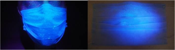 약 1m 거리에서 형광 입자를 뿌렸을 때 마스크 표면의 모습. [BMC infectious diseases 논문 발췌]