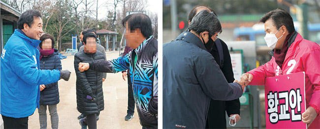 21대 국회의원 총선거 서울 종로 선거구에서 맞대결을 펼치는 이낙연(왼쪽 사진 왼쪽) 더불어민주당 신종 코로나바이러스 감염증(코로나19) 국난극복위원장과 황교안(오른쪽 사진 오른쪽) 미래통합당 대표가 지역구에서 주민들과 주먹 인사를 하고 있다. 코로나19 감염 우려로 각 정당 후보자들은 주민들과 주먹 인사로 악수를 대신하고 있다.  연합뉴스