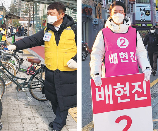 21대 국회의원 총선거 서울 송파을 선거구에서 대결하는 최재성(왼쪽 사진) 더불어민주당 후보와 배현진 미래통합당 후보가 지역구를 누비며 지지를 호소하고 있다.  연합뉴스