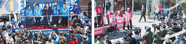 오는 15일 치러질 21대 국회의원 총선거를 앞두고 여야의 세 대결이 절정에 이르고 있다. 코로나19 사태가 모든 이슈를 덮는 ‘깜깜이’ 선거가 계속되는 가운데 서울 종로에 출마한 이낙연(왼쪽 사진 연단 가운데) 더불어민주당 후보와 황교안(오른쪽 〃 연단 위) 미래통합당 후보가 8일 경남 진해와 종로에서 각각 유세전을 치르고 있다. 연합뉴스·뉴시스