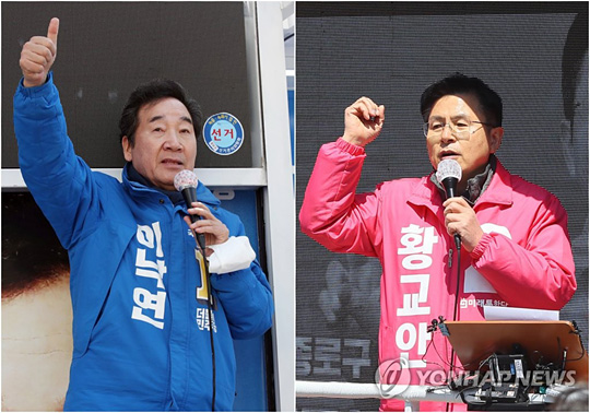 21대 총선 서울 종로에 출마한 더불어민주당 이낙연 후보(왼쪽)와 미래통합당 황교안 후보가 각각 4월 9일 종로구 창신동과 교남동에서 지지를 호소하는 모습. [연합뉴스 자료사진]