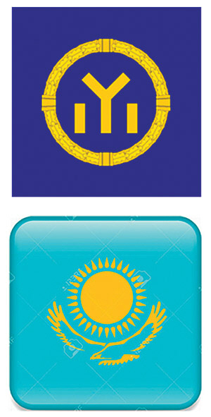 불가리아 제1제국의 깃발(8세기, 위 사진)과 카즈흐스탄의 국기(21세기 초반, 아래). 신용하는 ‘단군신앙’ 상징이 들어 있다고 주장한다.