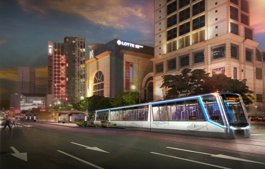 울산 남구 삼산동 롯데호텔 앞을 지나는 울산 도시철도(트램) 예상도. 울산시는 오는 2027년 도시철도 개통을 목표로 하고 있다.  울산시청 제공