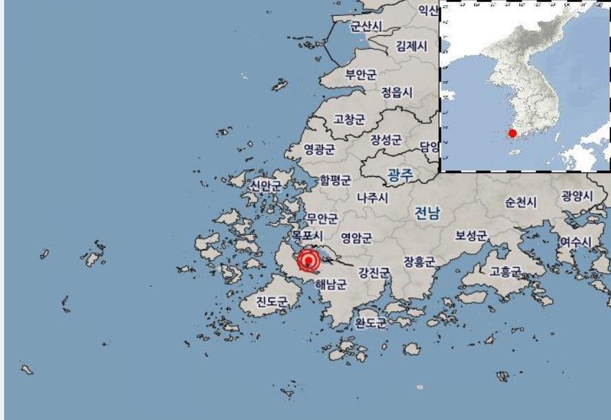 지난달 26일 이후 지진이 잇따르는 전남 해남 서북서쪽 21㎞ 지점. [기상청 제공. 연합뉴스 자료사진. 재판매 및 DB 금지]
