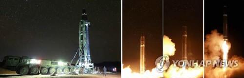 북한이 2017년 11월 공개한 ICBM ‘화성-15형’ 시험발사 모습 [국내에서만 사용가능. 재배포 금지. For Use Only in the Republic of Korea. No Redistribution]