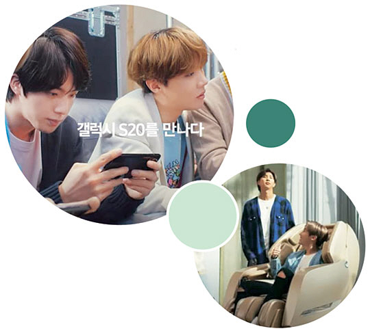 삼성전자 유튜브 채널로 공개된 방탄소년단의 갤럭시 S20 광고(왼쪽)와 코믹한 일상으로 화제가 되고 있는 바디프랜드 TV 광고.