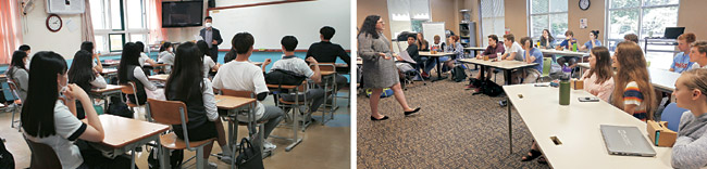 코로나19 사태로 초·중·고 정상수업이 지연되면서 9월 학기제 도입 요구가 늘어나고 있어 귀추가 주목된다. 사진 왼쪽은 올해 고교 3학년 등교가 시작된 지난 20일 경남 창원용호고 학생들의 수업 장면. 오른쪽은 미국 노스캐롤라이나주의 한 학교에서 11학년(한국의 고2) 학생들이 수업받는 모습.