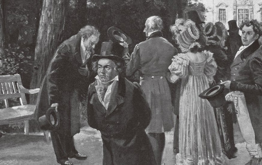 독일 문호 괴테가 황족을 만나 고개를 숙여 인사하는데 음악가 베토벤이 뒷짐을 진 채 스쳐 지나가는 모습.  칼 롤링 그림