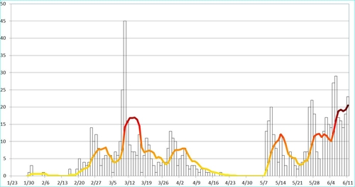 (서울=연합뉴스) 6월 들어 서울의 코로나19 유행이 역대 최악의 상황으로 치닫고 있다. 그래프는 날짜별 서울 발생 코로나19 국내감염 확진자(막대)와 7일 이동평균선(실선). 2020.6.12.